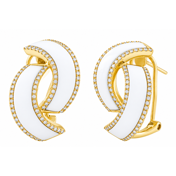 Yellow Gold CurveStone White Agate & Diamond Earrings Mollys Jewelers Brooklyn, NY