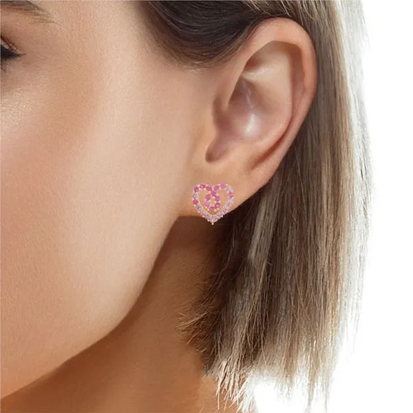 Yellow Gold PinkSapphire Heart Earrings Image 2 Mollys Jewelers Brooklyn, NY