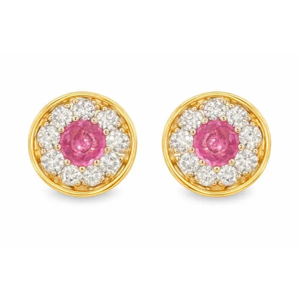 Yellow Gold PinkSapphire Halo Diamond Earrings Mollys Jewelers Brooklyn, NY