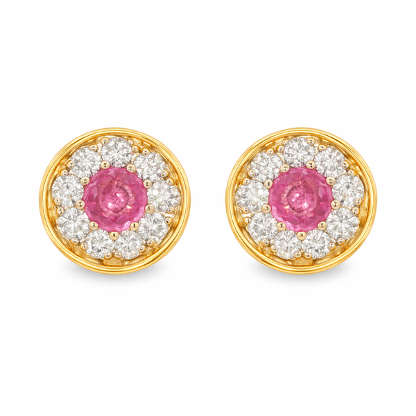 Yellow Gold PinkSapphire Halo Diamond Earrings Mollys Jewelers Brooklyn, NY