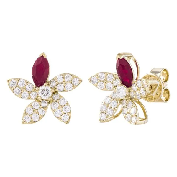 Yellow Gold PetalRuby Diamond Earrings Mollys Jewelers Brooklyn, NY