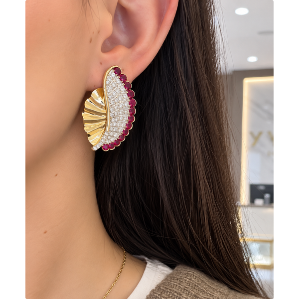 Ruby & Diamond Sculpted Fan Earrings Image 2 Mollys Jewelers Brooklyn, NY