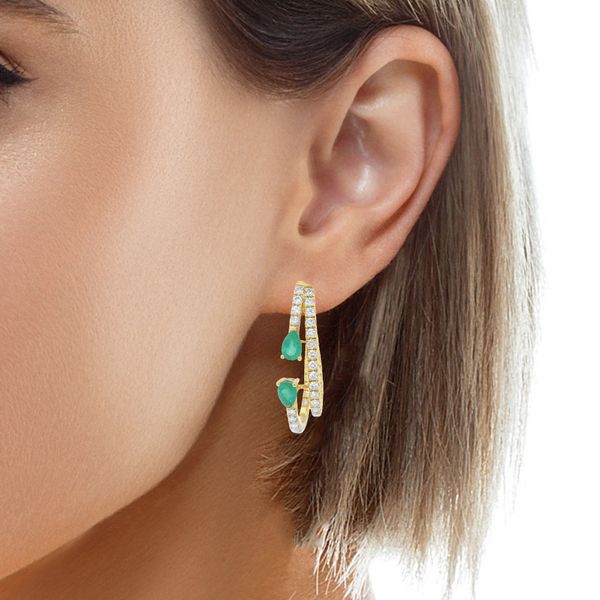 Yellow Gold Verdura Emerald & Diamond Drop Hoop Earrings Image 2 Mollys Jewelers Brooklyn, NY