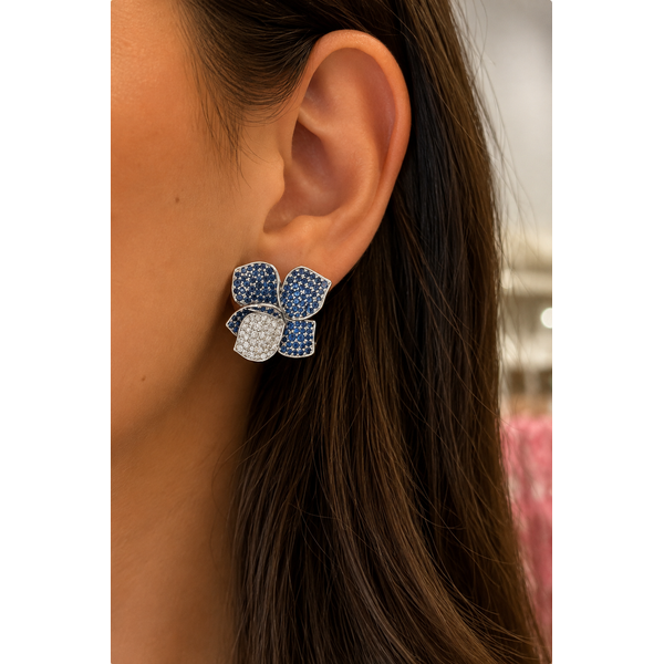 14K White Gold Sapphire & Diamond Floral Statement Earrings Image 2 Mollys Jewelers Brooklyn, NY