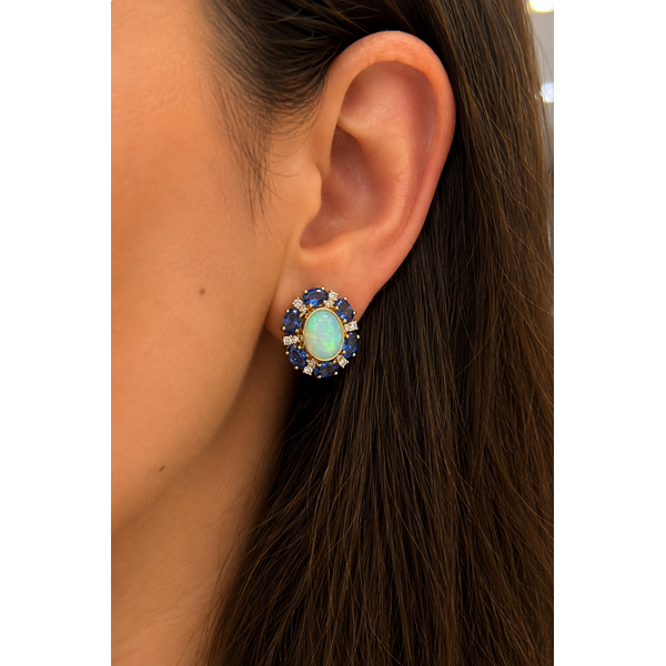 14K Yellow Gold Opal, Sapphire & Diamond Halo Earrings Image 2 Mollys Jewelers Brooklyn, NY