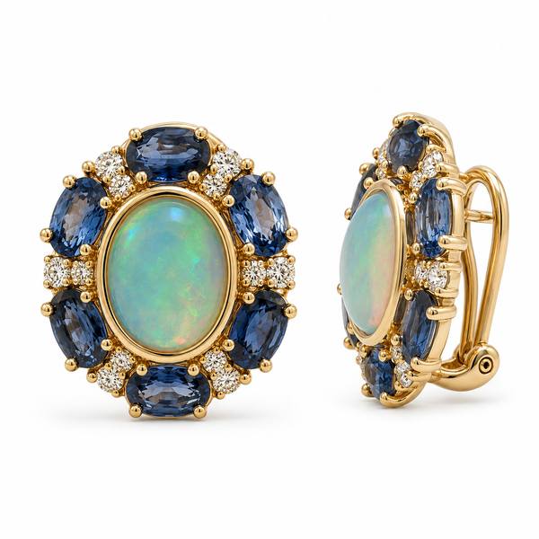 14K Yellow Gold Opal, Sapphire & Diamond Halo Earrings Mollys Jewelers Brooklyn, NY
