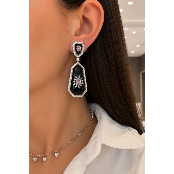 14K Yellow Gold Black Agate, Pink Sapphire & Diamond Drop Earrings Image 2 Mollys Jewelers Brooklyn, NY