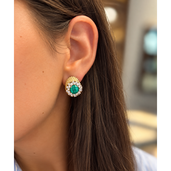 Malachite & Diamond Beaded Dome Earrings Image 2 Mollys Jewelers Brooklyn, NY