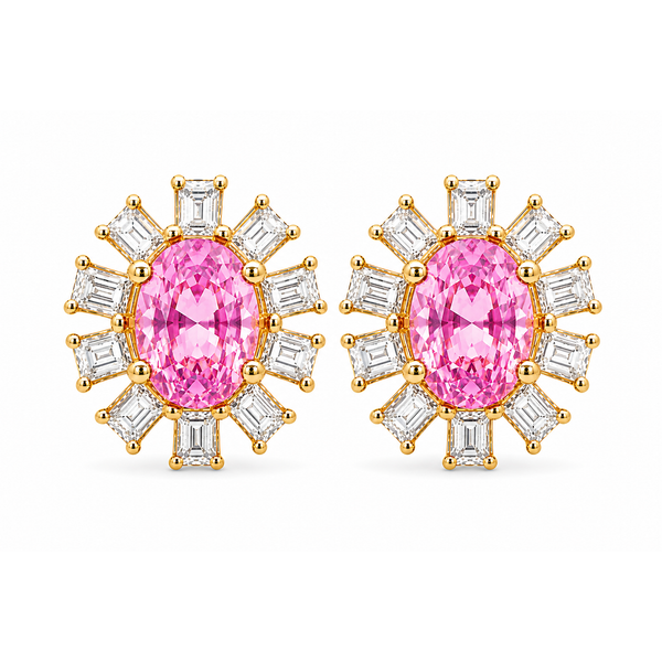 Pink Sapphire Sunburst Diamond Stud Earrings Mollys Jewelers Brooklyn, NY