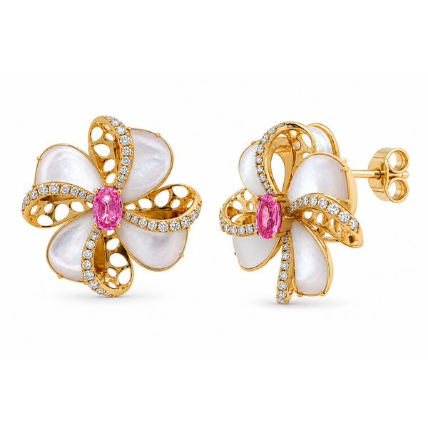 Pink Sapphire & Mother of Pearl Floral Diamond Earrings Mollys Jewelers Brooklyn, NY