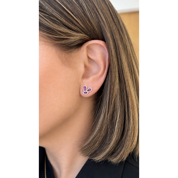 Rubellite Tourmaline & Diamond Trio Stud Earrings Image 2 Mollys Jewelers Brooklyn, NY