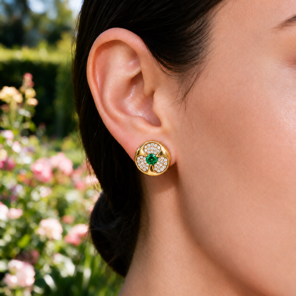 Emerald Blossom Diamond Medallion Earrings Image 2 Mollys Jewelers Brooklyn, NY