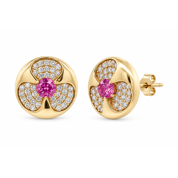 Pink Sapphire Blossom Diamond Medallion Earrings Mollys Jewelers Brooklyn, NY