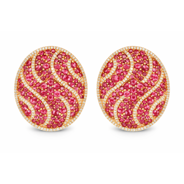 Yellow Gold CrimsonWave Ruby & Diamond Oval Statement Earrings Mollys Jewelers Brooklyn, NY
