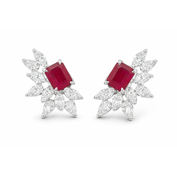 White Gold CrimsonLeaf Ruby & Diamond Cluster Studs Mollys Jewelers Brooklyn, NY