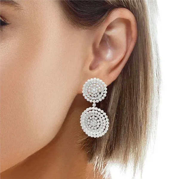 Pearl Orbit Double Drop Diamond Earrings in White Gold Image 3 Mollys Jewelers Brooklyn, NY