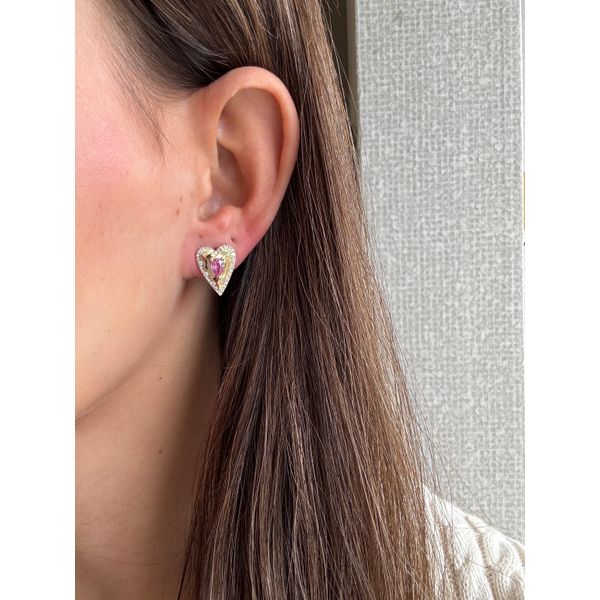 Heart Pink Sapphire & Diamond Earrings Image 2 Mollys Jewelers Brooklyn, NY