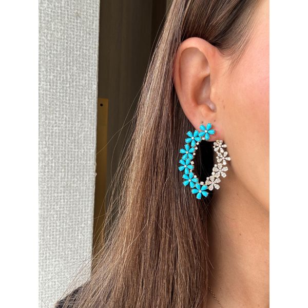 Yellow Gold Turquoise Blossom & Diamond Hoop Earrings – 2.73ct Diamonds Image 2 Mollys Jewelers Brooklyn, NY