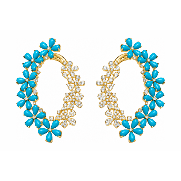 Yellow Gold Turquoise Blossom & Diamond Hoop Earrings – 2.73ct Diamonds Mollys Jewelers Brooklyn, NY