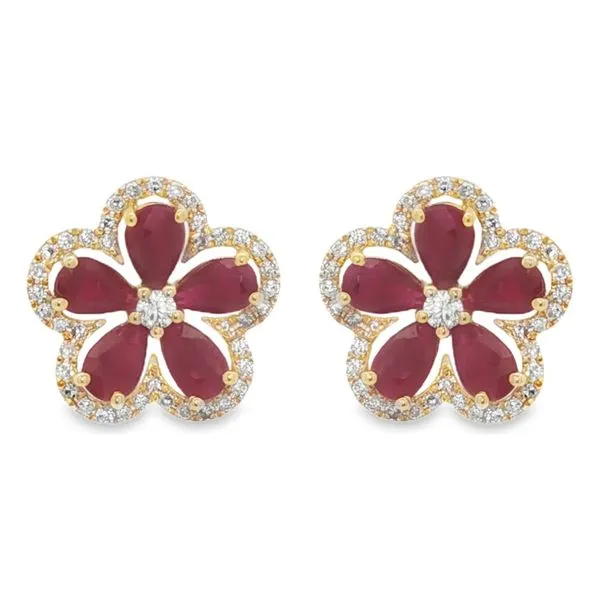 Yellow Gold RubyPetal Diamond Flower Earrings Image 2 Mollys Jewelers Brooklyn, NY