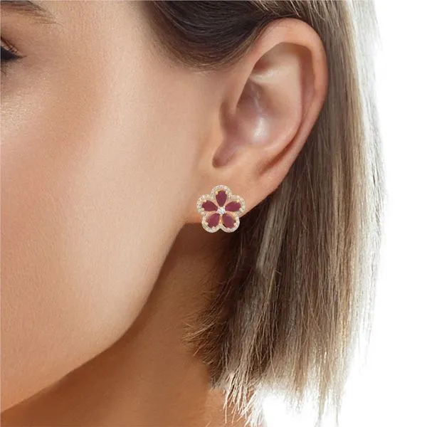 Yellow Gold RubyPetal Diamond Flower Earrings Mollys Jewelers Brooklyn, NY