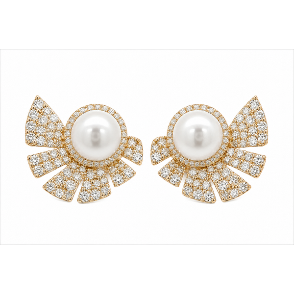 14K Yellow Gold Pearl & Diamond Fan Earrings – 10.97 TWT Pearls Mollys Jewelers Brooklyn, NY