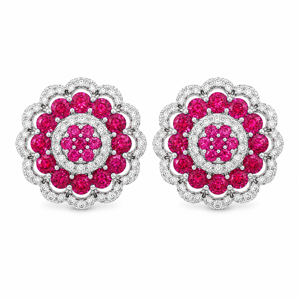 14K White Gold Ruby & Diamond Flower Stud Earrings Mollys Jewelers Brooklyn, NY