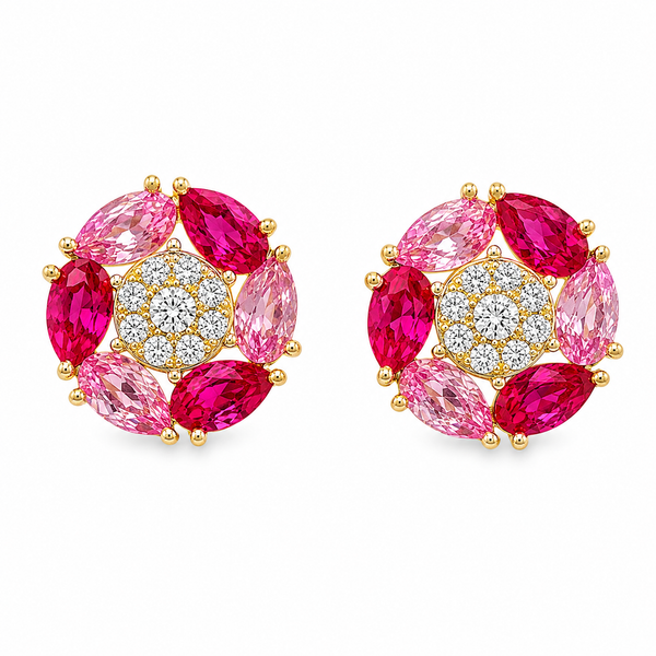 14K Yellow Gold Pink Sapphire & Diamond Floral Stud Earrings Mollys Jewelers Brooklyn, NY
