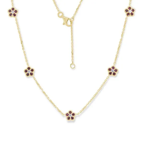 Yellow Gold Blossom Ruby & Diamond Necklace – 0.57ct + 0.13ct Mollys Jewelers Brooklyn, NY