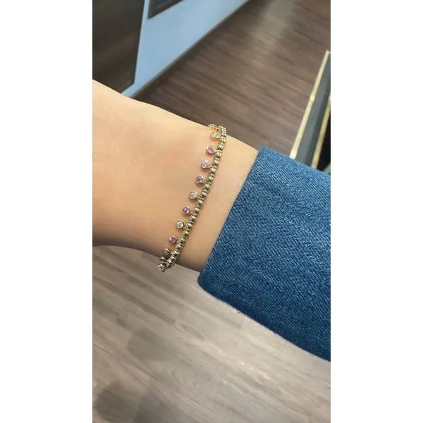 PinkSapphireTassel Diamond & Pink Sapphire Dangle Bracelet in Yellow Gold Mollys Jewelers Brooklyn, NY