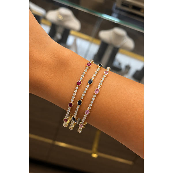 Pink Sapphire Bezel Diamond Bracelet Image 2 Mollys Jewelers Brooklyn, NY