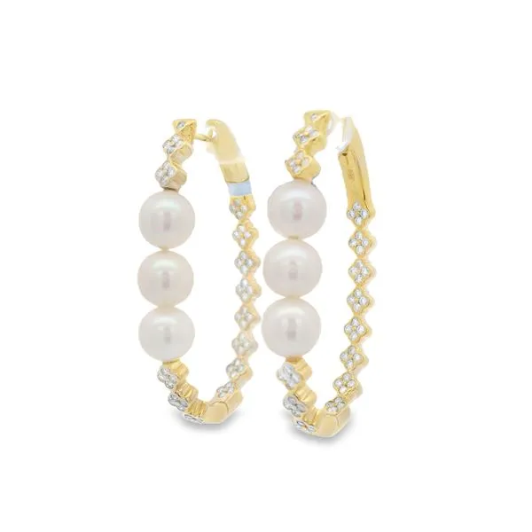 14Kt Yellow Gold Diamond & Pearl Floral Hoop Earrings Mollys Jewelers Brooklyn, NY
