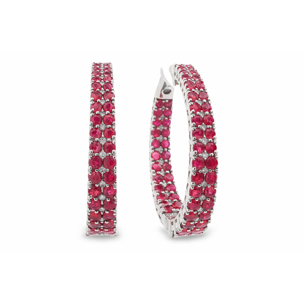 White Gold Ruby & Diamond Hoop Earrings Mollys Jewelers Brooklyn, NY
