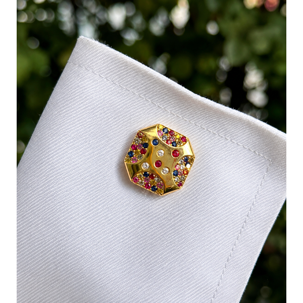 Yellow Gold Multi-Sapphire Diamond Cufflinks – Luxury Men’s Jewelry Image 4 Mollys Jewelers Brooklyn, NY
