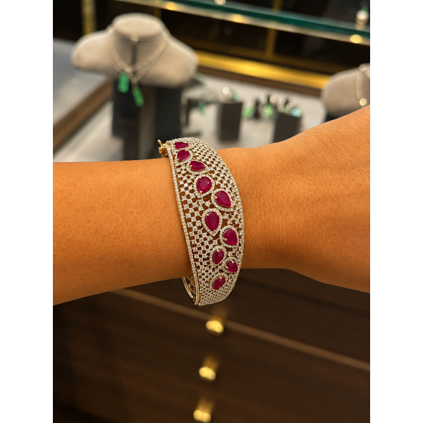 Yellow Gold Flare Ruby Cuff with 5 Carats of Diamonds Image 3 Mollys Jewelers Brooklyn, NY