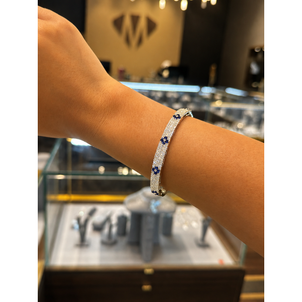 14K White Gold Sapphire Flower & Pavé Diamond Bangle – 2.15 CTW Diamonds Image 2 Mollys Jewelers Brooklyn, NY