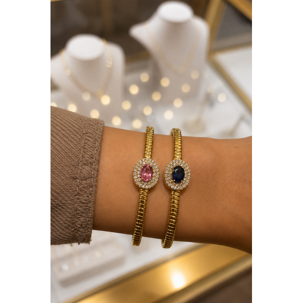 Sapphire Double Halo Diamond Flexible Bangle in 14K Yellow Gold Image 3 Mollys Jewelers Brooklyn, NY