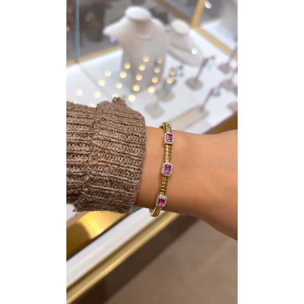Pink Sapphire Diamond Halo Three-Station Flex Bangle Image 2 Mollys Jewelers Brooklyn, NY