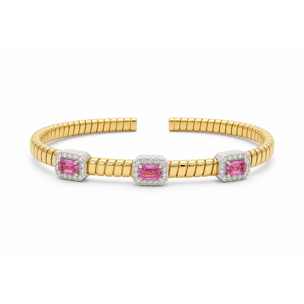 Pink Sapphire Diamond Halo Three-Station Flex Bangle Mollys Jewelers Brooklyn, NY