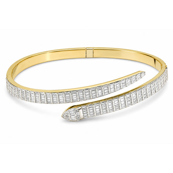Yellow Gold Bypass Baguette Diamond Bangle 7.66ctw Mollys Jewelers Brooklyn, NY