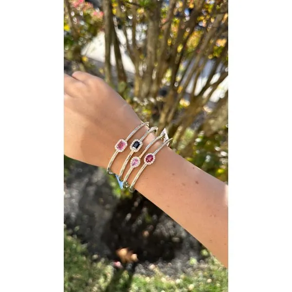 Yellow Gold Radiant Pink Sapphire Halo Bangle with Diamonds Image 3 Mollys Jewelers Brooklyn, NY