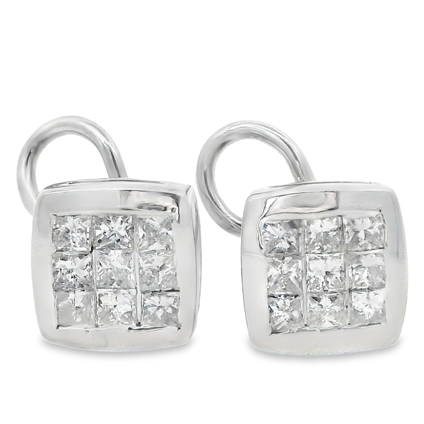 18K White Gold Princess Diamond Omega Back Earrings Image 2 Monarch Jewelry Winter Park, FL