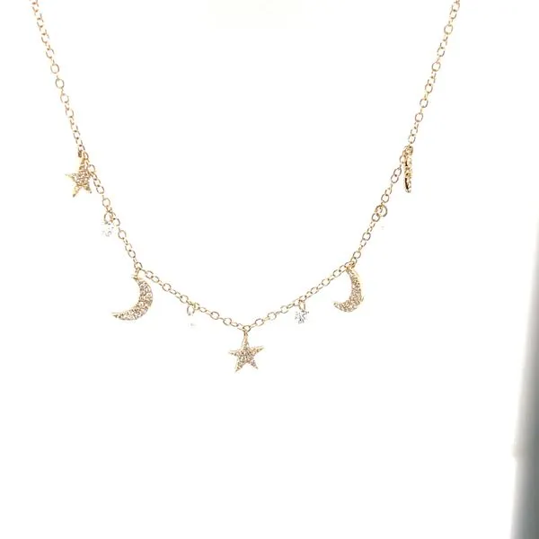 14K Yellow Gold Diamond Moon and Stars Necklace Image 2 Monarch Jewelry Winter Park, FL