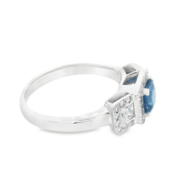 18K White Gold Sapphire Diamond Three-Stone Halo Ring Image 3 Monarch Jewelry Winter Park, FL