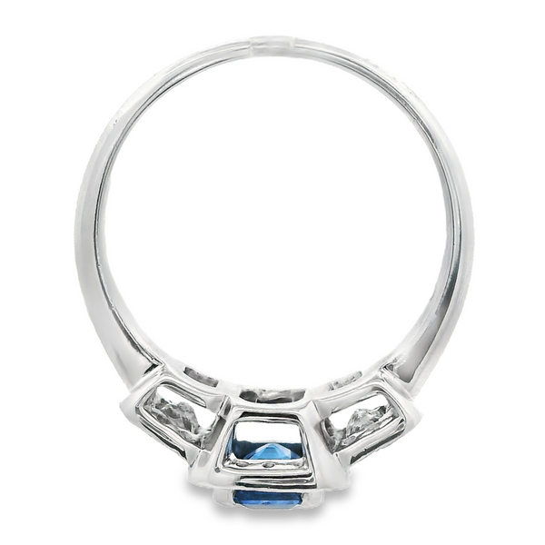 18K White Gold Sapphire Diamond Three-Stone Halo Ring Image 5 Monarch Jewelry Winter Park, FL