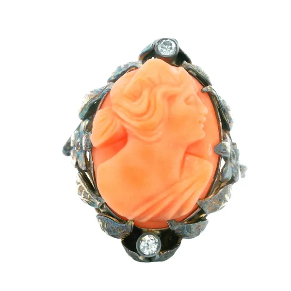 14K Yellow Gold Vintage Angel Skin Coral Diamond Cameo Ring Monarch Jewelry Winter Park, FL