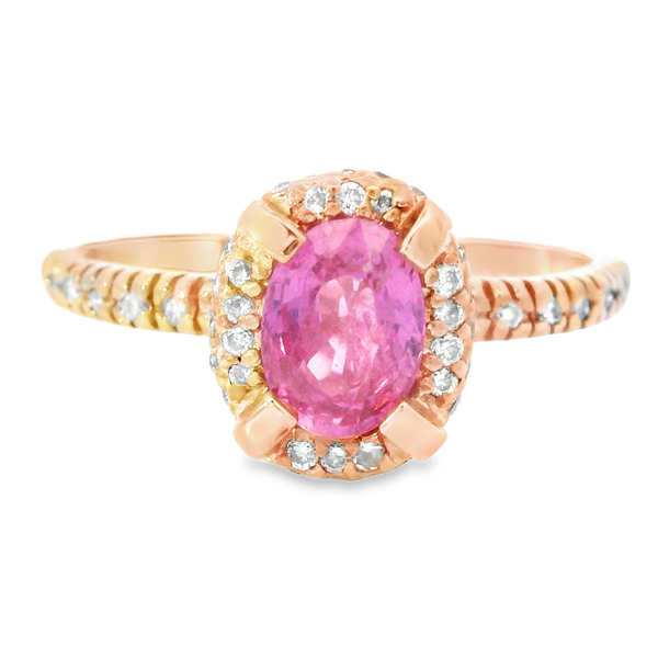 Pink Sapphire Halo Rose Gold Ring Monarch Jewelry Winter Park, FL