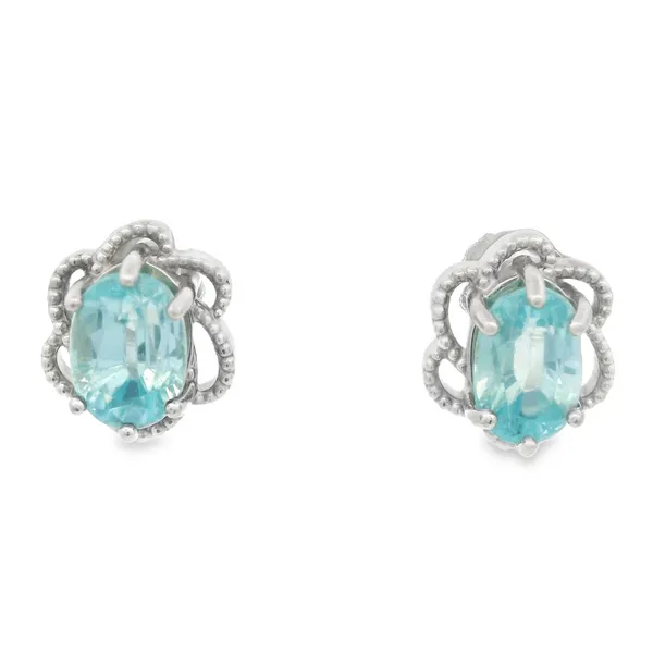 Blue Zircon Floral Halo Earrings in 14K White Gold Monarch Jewelry Winter Park, FL