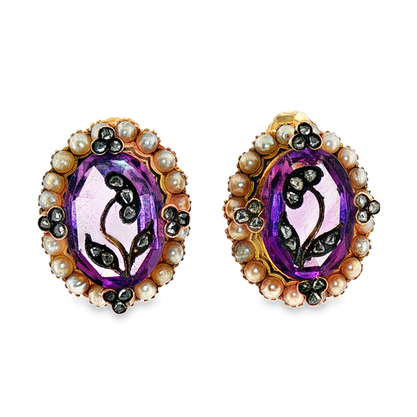 14K Yellow Gold Victorian Amethyst, Pearl, and Diamond Earrings Image 2 Monarch Jewelry Winter Park, FL