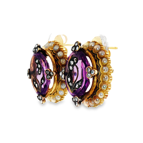 14K Yellow Gold Victorian Amethyst, Pearl, and Diamond Earrings Image 3 Monarch Jewelry Winter Park, FL